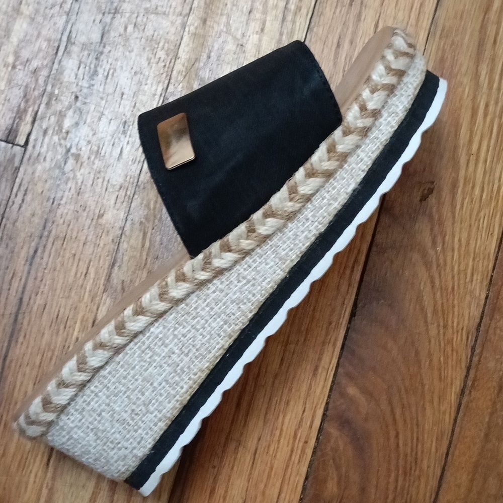 Black Espadrille Platform Slide Sandals with Gold Accent - Picture 8 of 8